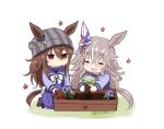  2girls =_= animal_ears beanie bow bowtie brown_hair chibi closed_mouth ears_through_headwear flower flower_bed grey_hair grey_headwear hat horse_ears horse_girl horse_tail kneeling long_hair long_sleeves multiple_girls nakayama_festa_(umamusume) open_mouth purple_shirt purple_skirt red_eyes sailor_collar school_uniform shirt simple_background skirt smile tail tracen_school_uniform trowel twitter_username umamusume white_background wiyaki17 wonder_acute_(umamusume) 