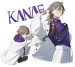  1boy black_footwear blue_nails boots braid brown_hair character_name coat collared_shirt fingernails glasses grin highres kanae_(nijisanji) long_hair looking_at_viewer male_focus migo45 multiple_views nail_polish nijisanji open_clothes open_coat pants purple_shirt round_eyewear semi-rimless_eyewear shirt simple_background smile under-rim_eyewear white_background white_coat white_pants wing_collar 