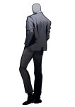  1boy bald black_footwear colored_skin facing_away full_body grey_jacket grey_pants grey_shirt grey_skin grey_suit hands_in_pockets highres jacket long_sleeves male_focus original pants sasi_mozzi1 shirt simple_background solo suit white_background 