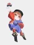  1girl :3 ankle_boots apple apple_(reverse:1999) arm_up black_bow black_bowtie black_footwear blue_dress blue_neckerchief boots bow bowtie brown_hair cabbie_hat chibi dress facing_up food fruit full_body grey_background hand_on_own_hip hand_up hat index_finger_raised jacket limelemons27 long_sleeves looking_at_viewer looking_down neckerchief open_clothes open_jacket orange_eyes polka_dot_neckerchief puffy_long_sleeves puffy_sleeves red_jacket red_thighhighs regulus_(reverse:1999) reverse:1999 short_dress short_hair solo thigh-highs traditional_bowtie 