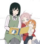  2girls :o aged_down ahoge black_hair black_skirt blue_eyes blush book dress green_dress grey_ribbon grey_socks hair_between_eyes holding holding_book holding_stuffed_toy jacket konoe_kanata long_hair looking_at_object love_live! love_live!_nijigasaki_high_school_idol_club mifune_shioriko multiple_girls neck_ribbon open_mouth pink_hair red_eyes red_jacket ribbon shirt sidelocks sitting skabetty1997 skirt socks sparkling_eyes stuffed_toy teeth upper_body upper_teeth_only white_background white_shirt zhong_lanzhu 