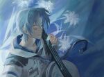  1boy blue_hair cello closed_eyes flower highres holostars holostars_english hood hoodie instrument long_sleeves male_focus minnibuka music playing_instrument regis_altare short_hair smile solo sparkle virtual_youtuber white_hoodie 