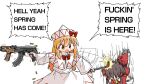  2girls :d ascot blonde_hair blood bow bowtie brown_hair capelet crowbar dress firing hair_bow hair_tubes hakurei_reimu hat highres holding holding_crowbar holding_weapon kalashnikov_rifle kasuya_baian lily_white long_hair multiple_girls nosebleed red_bow red_bowtie smile touhou weapon white_background white_capelet white_dress white_headwear yellow_ascot yellow_eyes 