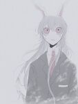  1girl animal_ears black_jacket breast_pocket buttons collared_shirt crescent crescent_moon crescent_pin crying crying_with_eyes_open glowing hair_between_eyes jacket long_hair long_sleeves messy_hair moon n0een necktie open_mouth pale_skin pin pocket rabbit_ears rabbit_girl red_eyes red_necktie reisen_udongein_inaba shirt simple_background tears third-party_source touhou very_long_hair white_background white_fur white_shirt 