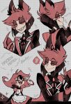  1boy 1girl alastor_(hazbin_hotel) animal_ears arublanche bow bowtie claws closed_mouth colored_sclera demon_boy demon_girl grin half-closed_eyes hazbin_hotel highres looking_at_another musical_note niffty_(hazbin_hotel) open_mouth red_claws red_sclera red_suit redhead sharp_teeth short_hair smile suit teeth 