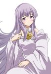  1girl bare_shoulders circlet closed_mouth dress fire_emblem fire_emblem:_genealogy_of_the_holy_war highres julia_(fire_emblem) long_hair long_sleeves looking_at_viewer patty_ojisan purple_dress purple_hair smile solo very_long_hair violet_eyes white_background wide_sleeves 