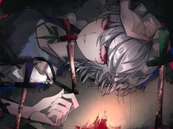  1girl 33_gaff blood commentary grey_hair izayoi_sakuya knife looking_at_viewer maid_headdress parted_lips red_eyes short_hair solo touhou upper_body 