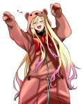  1girl a-91_(girls&#039;_frontline) a-91_(inflammable_oolong_tea)_(girls&#039;_frontline) animal_costume bear_costume blonde_hair blush bow closed_eyes girls_frontline gradient_hair heart long_hair multicolored_hair official_alternate_costume open_mouth pocket purple_hair red_bow reizo_ne solo straight-on white_background 