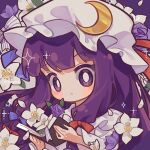  1girl book crescent crescent_hat_ornament flower hat hat_ornament holding holding_book mob_cap patchouli_knowledge purple_hair solo suelement touhou upper_body violet_eyes white_flower white_headwear 