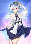  1girl absurdres amane_kanata arm_up bare_shoulders beret black_ribbon blue_dress blue_hair blue_headwear blush closed_mouth clouds cloudy_sky colored_inner_hair commentary_request detached_sleeves dress eme_(emeralda) feet_out_of_frame gradient_wings grey_hair hair_between_eyes halo hat highres hololive looking_at_viewer mini_wings multicolored_hair multicolored_wings neck_ribbon necktie plaid_headwear ribbon short_hair single_hair_intake skirt_hold sky smile solo sparkle star_halo variant_set violet_eyes virtual_youtuber white_necktie white_wings wings yellow_halo 