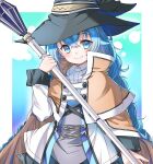  1girl arm_at_side black_headwear blue_background blue_eyes blue_hair blush border braid brown_cloak cloak closed_mouth clothing_request collared_shirt commentary_request cowboy_shot crossed_bangs hair_between_eyes hand_up happy hat highres holding holding_staff long_hair long_sleeves looking_at_viewer mage_staff mushoku_tensei roxy_migurdia shirt simple_background smile solo staff tragicrhyme tsurime twin_braids very_long_hair white_border white_shirt witch_hat 