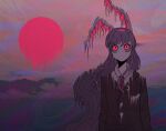  1girl animal_ears black_jacket breast_pocket buttons clouds cloudy_sky collared_shirt crescent crescent_moon crescent_pin dripping glowing glowing_eyes jacket long_hair long_sleeves looking_up melting messy_hair moon mountain n0een necktie no_mouth pale_skin pin pocket psychedelic purple_hair rabbit_ears rabbit_girl red_eyes red_necktie reisen_udongein_inaba shirt sky sun sunset third-party_source touhou very_long_hair white_fur white_shirt 