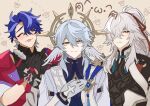  3boys :3 armor black_gloves black_shirt blue_hair closed_eyes coat collared_shirt gloves half_updo hand_up head_wings highres honkai:_star_rail honkai_(series) jacket jing_yuan long_hair looking_at_viewer multicolored_hair multiple_boys open_mouth pink_jacket red_ribbon ribbon sampo_koski shirt smile streaked_hair sunday_(honkai:_star_rail) susukinohara320 trait_connection very_long_hair white_coat white_gloves white_hair wings yellow_eyes 