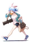  1girl alternate_costume animal_ears aqua_jacket bag blue_footwear blue_hair commentary_request denim denim_shorts facing_viewer food_in_mouth full_body hand_up highres holding holding_bag hololive jacket long_sleeves looking_ahead off_shoulder open_clothes open_jacket rabbit_ears rocket_launcher shirt shoes short_hair short_shorts shorts simple_background solo standing usada_pekora virtual_youtuber walking weapon white_background white_shirt yami_ara yellow_eyes 