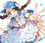 1girl ;d apron black_eyes black_hair blue_headwear blue_nails blush braid candice_(palentine&#039;s_2024)_(pokemon) candice_(pokemon) dress eyelashes highres kawasaki_(kwsk_8765) long_hair looking_at_viewer official_alternate_costume one_eye_closed open_mouth pokemon pokemon_masters_ex short_sleeves smile solo star_(symbol) teeth twin_braids twintails twitter_username upper_teeth_only v visor_cap waist_apron white_apron white_background