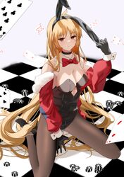  1girl absurdres animal_ears black_gloves blonde_hair bocchi_the_rock! bow bowtie breasts bureoeve card checkered_floor gloves high_heels highres ijichi_seika jacket long_hair orange_eyes pantyhose playboy_bunny playing_card poker_chip rabbit_ears red_jacket solo 