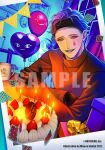  1boy alternate_costume alternate_hairstyle artist_name balloon banner box candle card character_name copyright_name cup facepaint food fruit gift gift_box gloves green_eyes green_hair grin happy_birthday heart_balloon joe_rikiichi long_sleeves makeup male_focus mug multicolored_hair nijisanji official_art pink_hair purple_hair sample_watermark shirt smile solo_focus star_(symbol) star_balloon strawberry sudou_minoru table teardrop_facial_mark teeth vase virtual_youtuber watermark window 