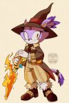  1girl animal_ears blaze_the_cat brown_footwear cat_ears cat_girl cat_tail commission deebs fire forehead_jewel fur-trimmed_footwear fur-trimmed_gloves fur_trim furry furry_female gloves hat highres purple_fur signature simple_background sonic_(series) tail white_gloves wizard_hat 