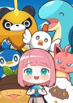  1girl :d absurdres bird blue_eyes blush cat cattiva chibi chicken chikipi gumoss highres hiruno_isu holding lamball looking_at_viewer mossanda_lux no_nose open_mouth pal_(creature) pal_sphere palworld penguin pengullet pink_hair player_character_(palworld) relaxaurus round_teeth sheep short_hair smile straight-on teeth upper_teeth_only 