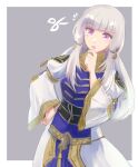  1girl fire_emblem fire_emblem:_three_houses fire_emblem_warriors:_three_hopes grey_background hand_on_own_chin highres long_hair long_sleeves looking_at_viewer lysithea_von_ordelia official_alternate_costume official_alternate_hairstyle puffy_sleeves sanami simple_background solo upper_body very_long_hair violet_eyes white_hair 