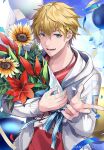  1boy balloon blonde_hair blue_eyes blue_ribbon bouquet clouds confetti copyright_name earrings ex_albio ex_albio_(2nd_costume) flower holding holding_bouquet hood hoodie jewelry kurosakiinu looking_back male_focus necklace nijisanji official_alternate_costume official_art outdoors red_flower red_shirt ribbon sample_watermark shirt single_earring sky solo streamers sunflower t-shirt teeth tongue virtual_youtuber watermark white_hoodie 