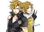  2boys armor black_gloves blonde_hair blue_eyes cloud_strife dissidia_final_fantasy expressionless final_fantasy final_fantasy_vii final_fantasy_vii_advent_children final_fantasy_x gloves grin happy high_collar looking_at_viewer looking_back looking_down male_focus multiple_boys muscular muscular_male pauldrons short_hair shoulder_armor simple_background single_pauldron sleeveless sleeveless_turtleneck smile spiky_hair sweater tama_(tmfy5) tidus turtleneck twitter_username upper_body v white_background yellow_sweater 