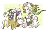  2girls bare_shoulders batoson54 blonde_hair closed_mouth detached_sleeves dragon_wings dress drop_earrings earrings fire_emblem fire_emblem:_the_sacred_stones fire_emblem_heroes flower green_eyes hair_flower hair_ornament jewelry looking_at_another multiple_girls myrrh_(fire_emblem) myrrh_(valentine)_(fire_emblem) official_alternate_costume petals puffy_short_sleeves puffy_sleeves purple_hair red_eyes selena_(fire_emblem:_the_sacred_stones) selena_(valentine)_(fire_emblem:_the_sacred_stones) short_sleeves sweatdrop twintails upper_body wings 