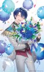  1boy ^_^ ahoge balloon blue_flower blue_hair blue_ribbon bouquet closed_eyes coat confetti copyright_name flower gloves gradient_background grey_gloves grey_vest harusaki_air harusaki_air_(1st_costume) holding holding_bouquet jacket long_sleeves male_focus mole mole_under_eye nijisanji official_art open_clothes open_jacket open_mouth pants purple_shirt ribbon rose shirt solo teeth tongue vest virtual_youtuber white_coat woonak 