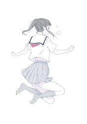  1girl black_eyes closed_mouth colored_skin floating full_body grey_hair grey_skirt grey_socks highres kneehighs long_hair midriff_peek natuich original pleated_skirt ponytail profile sailor_collar school_uniform serafuku short_hair short_sleeves sidelocks simple_background skirt socks solo white_background white_sailor_collar white_serafuku white_skin 