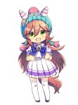  1girl animal_ears aqua_headwear arai_cherry beanie blush bow bowtie brown_hair chibi clenched_hands ear_covers ears_through_headwear full_body green_eyes hair_between_eyes hat highres horse_ears horse_girl horse_tail open_mouth petticoat purple_shirt sailor_collar samson_big_(umamusume) seal_impression shirt simple_background smile solo standing tail thigh-highs umamusume watermark white_background white_thighhighs 