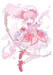  1girl bow bow_(weapon) choker closed_mouth dress fontana_0v0 footwear_ribbon frilled_dress frills full_body hair_ribbon high_heels highres holding holding_bow_(weapon) holding_weapon kaname_madoka mahou_shoujo_madoka_magica pink_bow pink_choker pink_dress pink_eyes pink_footwear pink_hair pink_ribbon pink_wings puffy_short_sleeves puffy_sleeves ribbon short_sleeves short_twintails simple_background socks solo twintails unfinished weapon white_background white_sleeves white_socks wings 