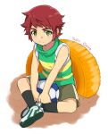  1boy artist_name ball blush character_request child commentary_request copyright_request green_eyes highres male_focus oddnoise original redhead short_sleeves shorts sitting soccer_ball socks solo 