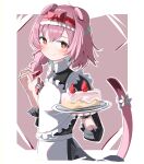  1girl absurdres alternate_costume animal_ears apron arknights black_dress bow braid cake cake_slice cat_ears cat_girl cat_tail closed_mouth collared_dress dress enmaided flower food frilled_apron frills fruit goldenglow_(arknights) hair_bow hair_flower hair_ornament hairband hands_up highres holding holding_plate long_hair long_sleeves maid maid_apron orange_eyes pink_hair plate puffy_long_sleeves puffy_sleeves red_bow red_hairband single_braid smile solo spam_(spamham4506) strawberry tail tail_flower tail_ornament white_apron white_flower 