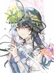  1girl branch carp closed_mouth dress fishbowl flower hair_flower hair_ornament hand_up juliet_sleeves leaf long_sleeves looking_at_viewer project_sekai puffy_sleeves pyongtaro shiraishi_an smile solo upper_body virtual_youtuber white_background white_dress yellow_flower 