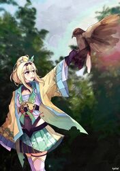  1girl bird blonde_hair blue_eyes byahap chest_sarashi commission falcon hair_ornament highres hololive japanese_clothes kazama_iroha kazama_iroha_(1st_costume) open_mouth sarashi solo tree virtual_youtuber 