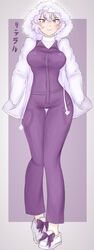  1girl adapted_costume blush breasts chibiriteraru closed_mouth commentary contrapposto full_body fur_trim grey_background highres hood hoodie large_breasts letty_whiterock looking_at_viewer purple_hair short_hair smile solo touhou violet_eyes white_footwear white_hoodie 