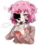  ... 1girl ^^^ biting blazer blush bob_cut bow bowtie breasts bright_pupils brown_jacket candy candy_bar chocolate collared_shirt commentary cropped_torso doki_doki_literature_club dress_shirt eating flying_sweatdrops food food_on_face furrowed_brow glitch hair_ornament hair_ribbon holding holding_candy holding_chocolate holding_food jacket korean_commentary looking_at_viewer natsuki_(doki_doki_literature_club) neck_ribbon orange_sweater_vest pink_eyes pink_hair red_bow red_bowtie red_ribbon ribbon school_uniform shirt short_hair simple_background small_breasts solo speech_bubble spoken_ellipsis sweatdrop sweater_vest ting_mong two_side_up upper_body white_background white_shirt x_hair_ornament 