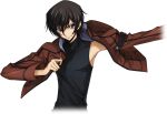  1boy arm_up armpits artist_request black_hair black_shirt brown_jacket closed_mouth code_geass code_geass:_lost_stories covered_collarbone cropped_torso dressing game_cg hair_between_eyes hand_up happy highres jacket lelouch_vi_britannia long_sleeves looking_at_viewer male_focus non-web_source official_art open_clothes open_jacket outstretched_arm putting_on_jacket shirt short_hair sidelocks simple_background sleeveless sleeveless_shirt smile solo standing transparent_background turtleneck_shirt upper_body v-shaped_eyebrows violet_eyes 