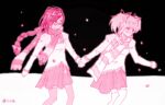  2girls akemi_homura black_background blush braid closed_mouth commentary english_commentary feet_out_of_frame glasses hair_ribbon highres holding_hands juliet_sleeves kaname_madoka long_sleeves looking_at_another mahou_shoujo_madoka_magica mahou_shoujo_madoka_magica_(anime) mitakihara_school_uniform monochrome multiple_girls outdoors pink_theme plaid plaid_skirt pleated_skirt puffy_sleeves ribbon scar scarf school_uniform semi-rimless_eyewear shao_ziye simple_background skirt snowing striped_clothes striped_scarf thigh-highs twin_braids twintails under-rim_eyewear 