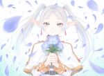  1girl belt black_belt capelet commentary_request earrings elf expressionless flower frieren gotou_hisashi green_eyes grey_hair highres holding holding_flower jewelry petals pointy_ears solo sousou_no_frieren twintails upper_body white_capelet 