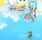  1girl 2boys blonde_hair blue_hair bow breasts clouds colored_sclera dark-skinned_female dark_skin from_above gradient_hair green_eyes green_hair hair_bow inkling_boy inkling_player_character medium_hair multicolored_hair multiple_boys octoling_girl octoling_player_character orange_eyes outstretched_arm paint parted_lips pointy_ears print_shirt red_eyes redhead reflection ripples sharp_teeth shirt short_hair sky smallfry_(splatoon) smile spl8ya splatoon_(series) splatoon_3 tail teeth tentacle_hair two-tone_hair violet_eyes water white_bow white_hair white_shirt yellow_sclera 