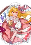  ascot blonde_hair crystal_wings dress fang flandre_scarlet frills from_above hair_ribbon hat long_hair mob_cap red_dress red_eyes red_ribbon ribbon simple_background syazenn_1208 touhou white_background yellow_ascot 