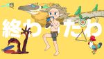  1boy animal bare_legs barefoot belt bird black_hands black_shorts character_request chicken colored_extremities dragon earrings eastern_dragon floating_hair grey_hair instrument jewelry kyoufuu_all_back_(vocaloid) light_brown_hair link male_focus master_sword music ocarina playing_instrument pointy_ears reaching rocket shorts the_legend_of_zelda the_legend_of_zelda:_tears_of_the_kingdom topless_male triangle_(instrument) walking yurian_(user_utch8788) 