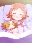 1girl absurdres bed_sheet beenyan_1203 blanket blush blush_stickers bow brown_hair closed_eyes dog facing_viewer head_tilt highres inukai_iroha inukai_komugi inukai_komugi_(dog) no_nose open_mouth papillon_(dog) pillow pink_bow precure purple_shirt shirt short_hair_with_long_locks sleeping smile upper_body wonderful_precure!