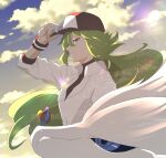  1boy baseball_cap blue_eyes blue_sky closed_mouth clouds commentary_request gopan_(pkghnman) green_hair hat highres jewelry long_hair male_focus n_(pokemon) necklace pokemon pokemon_(creature) pokemon_bw reshiram shirt sky smile sunlight white_fur white_shirt 