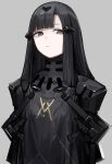  1girl absurdres black_dress black_hair breasts brown_eyes closed_mouth dress girls_frontline grey_background hair_ornament highres long_hair looking_down nyto_(girls&#039;_frontline) paradeus rampart1028 simple_background small_breasts solo tagme upper_body 