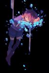  1other bandaged_arm bandages black_background black_thighhighs blue_flower blue_shorts boots brown_footwear brown_hair closed_eyes fingernails flower frisk_(undertale) hair_between_eyes hands_up highres lazy_kun long_sleeves lying petals purple_sweater short_hair shorts simple_background sleeping solo striped_clothes striped_sweater sweater teeth thigh-highs undertale wide_sleeves 