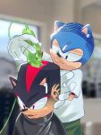  2boys absurdres airpods blurry blurry_background choso_giving_toudou_a_haircut_(meme) cutting_hair earrings fade_(haircut) flattop frown furry furry_male gloves green_eyes green_pants hair_clipper hedgehog_boy hedgehog_ears highres holding jewelry looking_ahead meme multiple_boys pants red_eyes ritchell-innocent shadow_the_hedgehog shirt sonic_(series) sonic_the_hedgehog wave_(hairstyle) white_gloves white_shirt wireless_earphones 