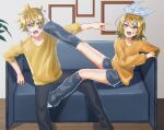  1boy 1girl ahoge anger_vein angry black_pants blue_eyes bow brother_and_sister couch dolphin_shorts fang foot_on_another&#039;s_face grey_leg_warmers grey_shorts hair_between_eyes hair_bow hair_ornament hairclip half-closed_eye highres kagamine0928 kagamine_len kagamine_rin kicking long_sleeves medium_hair orange_shirt pants picture_frame pointing pointing_at_another shirt short_hair shorts siblings sleeves_rolled_up spiky_hair twins vocaloid wavy_hair wavy_mouth white_bow wooden_floor yellow_shirt 