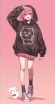  1girl absurdres bare_legs black_hoodie black_socks cat full_body highres hood hood_up hoodie indie_utaite long_sleeves medium_hair mochi_ggg nqrse open_mouth pink_background pink_eyes pink_hair pink_skirt shoes skirt sneakers socks solo 